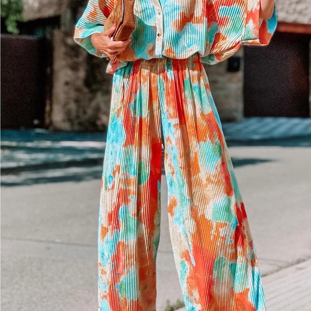 COPY - Multicolor Bohemian Tie Dye Pleated Shirt Loose Jumpsuit